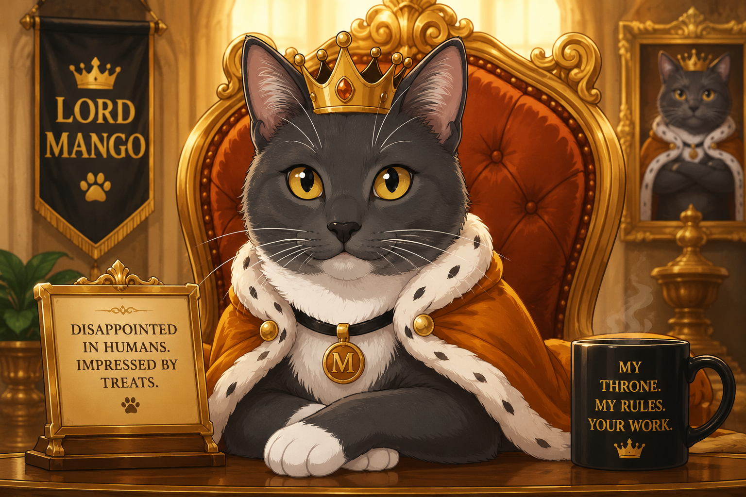Lord Mango seated on a golden throne in a royal office