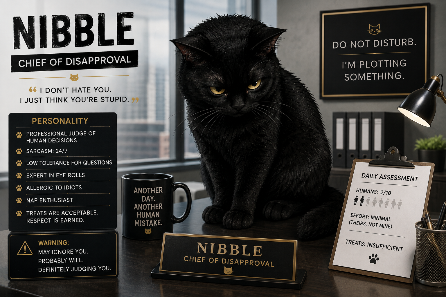 Nibbler, a grumpy black cat executive in a modern office